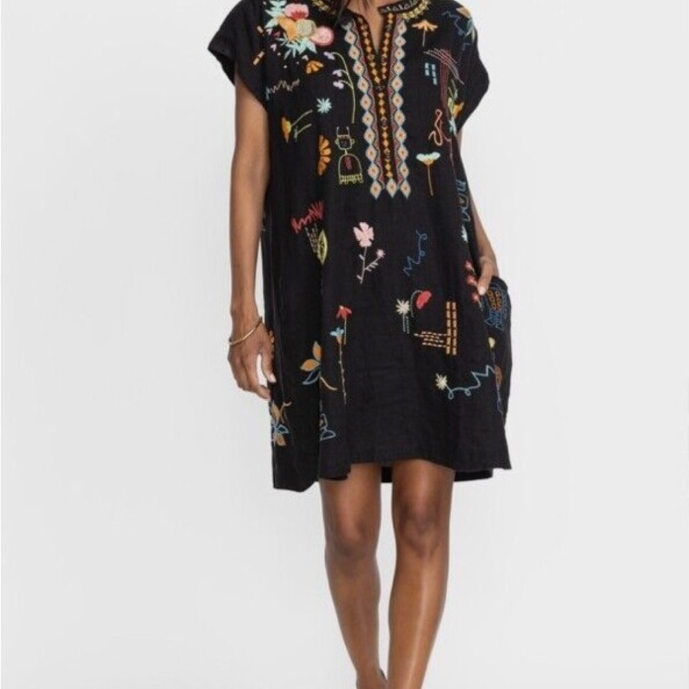 Johnny Was Lemona Dress Floral Embroidery Linen Natural Button Front Black